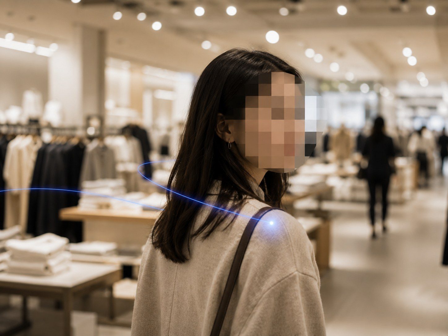 An anonymised shopper on a shop floor whose face is pixelated at the point of capture — Bon never records facial identity
