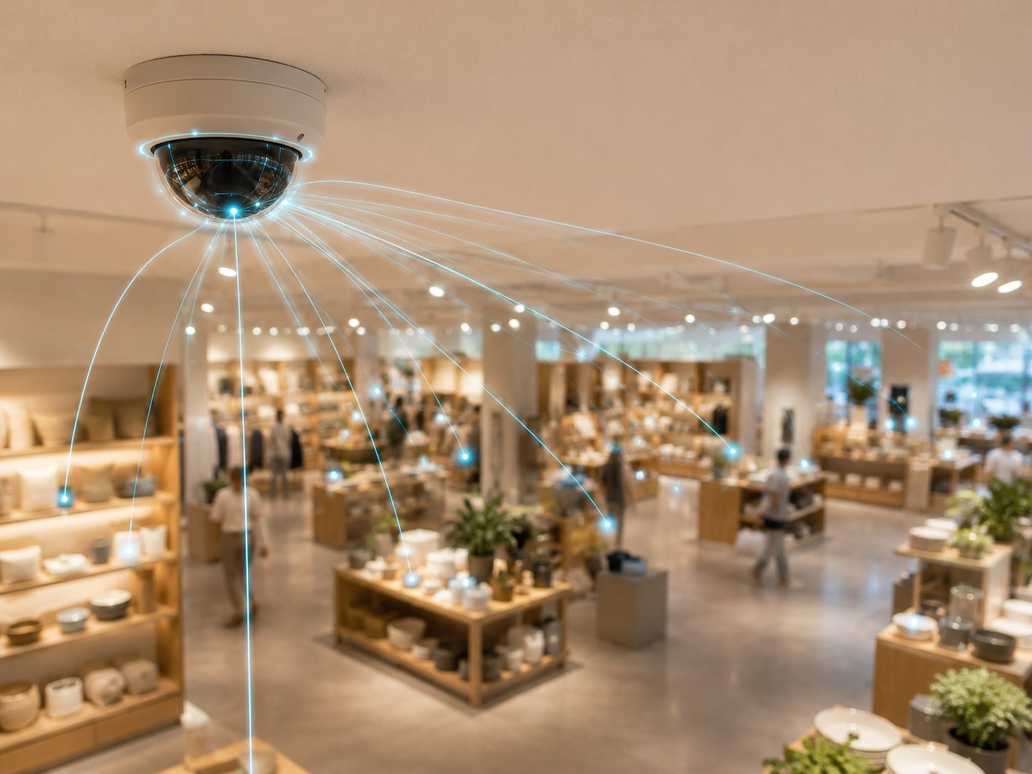An existing ceiling security camera becoming an intelligent sensor, signals fanning across a modern shop floor