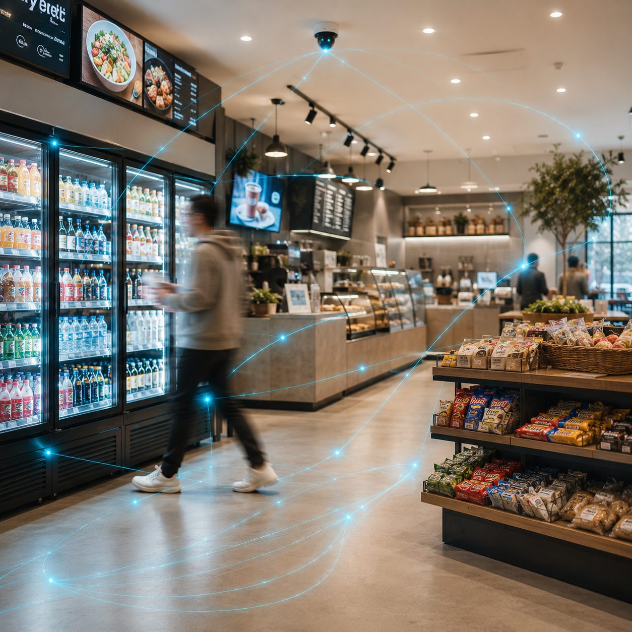 A convenience and foodcourt grab-and-go zone with a restrained intelligence layer revealed