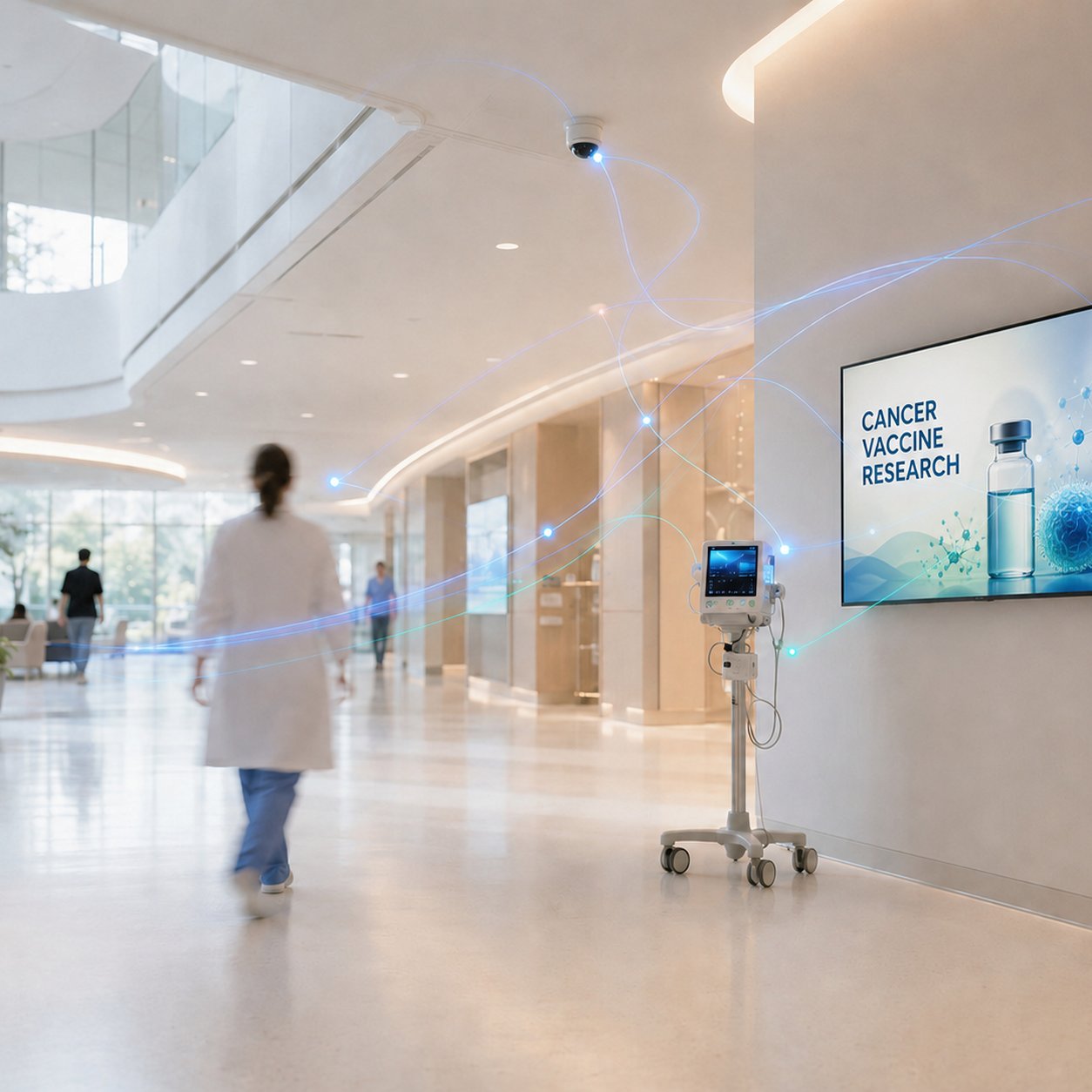A hospital corridor with a digital wayfinding and information screen, with a restrained intelligence layer revealed over the clinical staff flow
