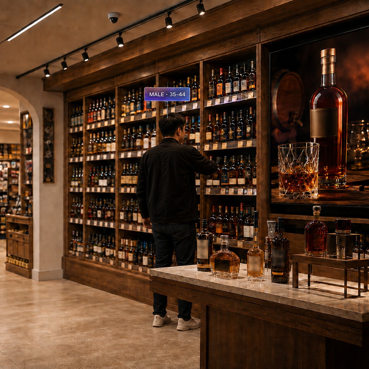 A liquor and spirits store shelf display with a demographic detection overlay, with a restrained intelligence layer revealed over the shopper interaction