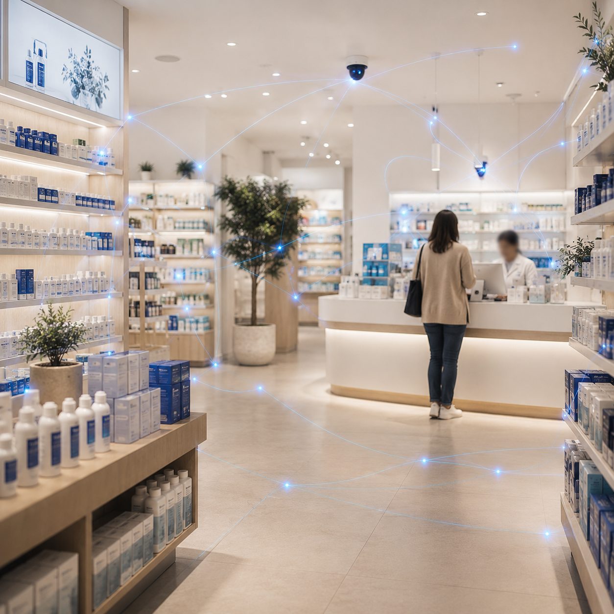 A pharmacy and health store interior with a restrained, privacy-forward intelligence layer revealed