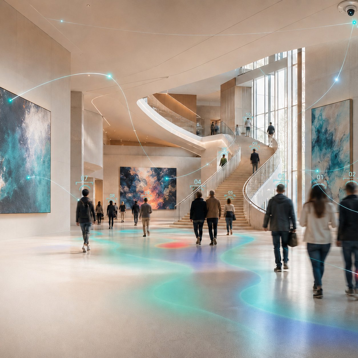 A museum or civic atrium with a grand staircase and digital art displays, with a restrained intelligence layer revealed over the visitor flow