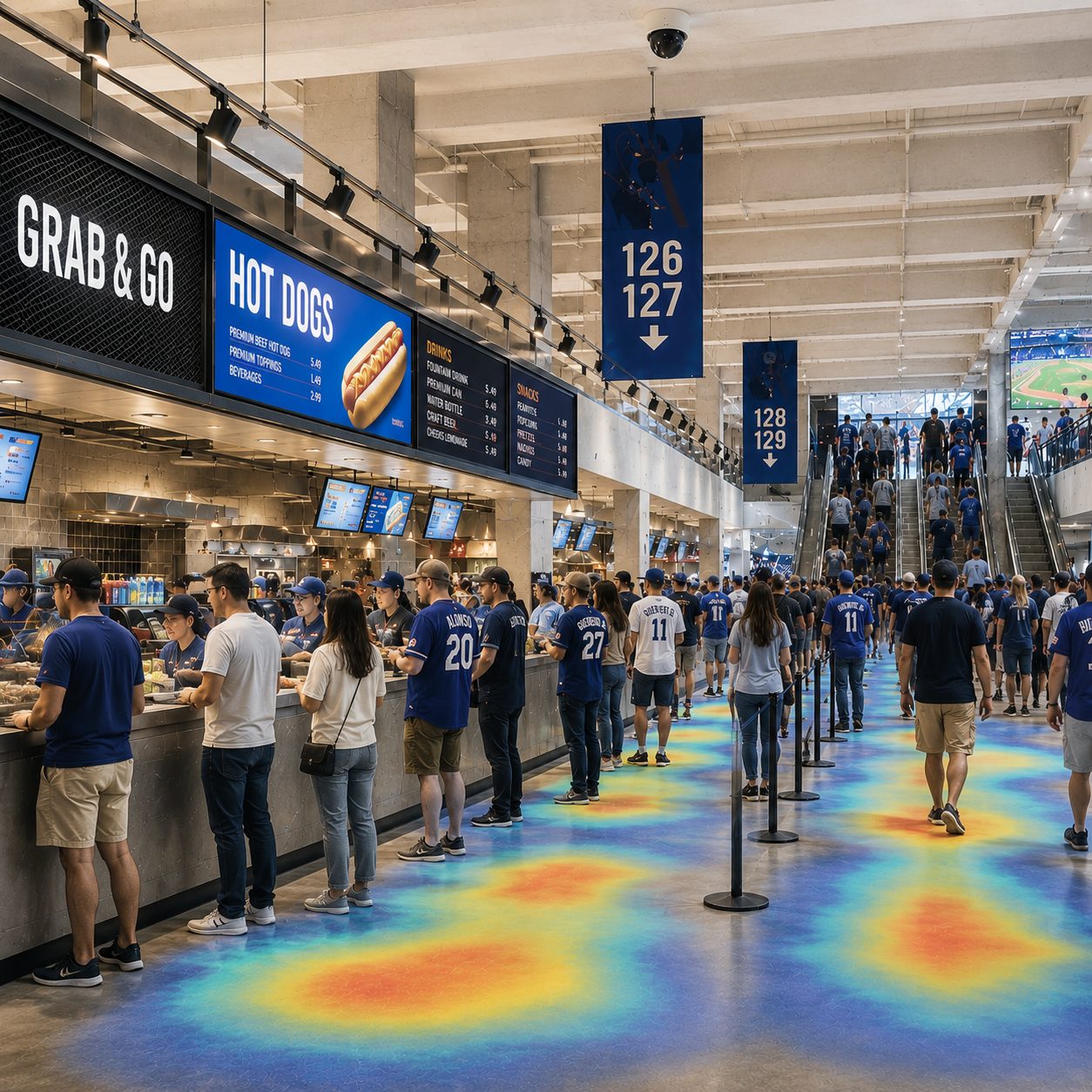 A stadium concession concourse at an event with a restrained intelligence layer revealed over the crowd flow