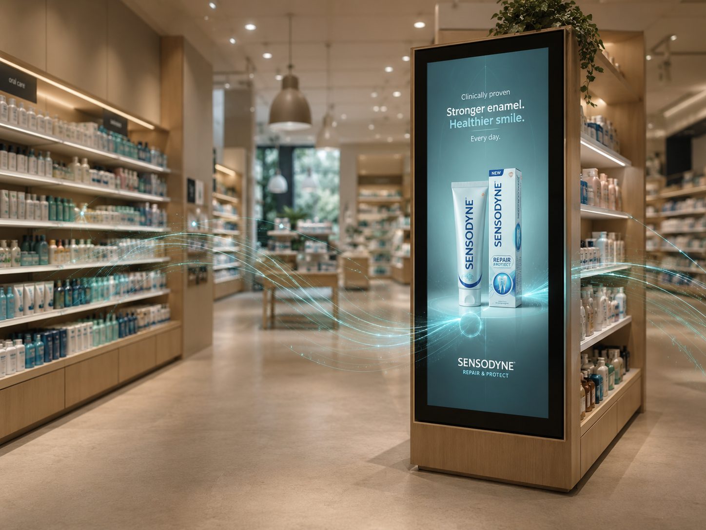 A premium digital end-cap retail-media display glowing mid-aisle in a modern supermarket