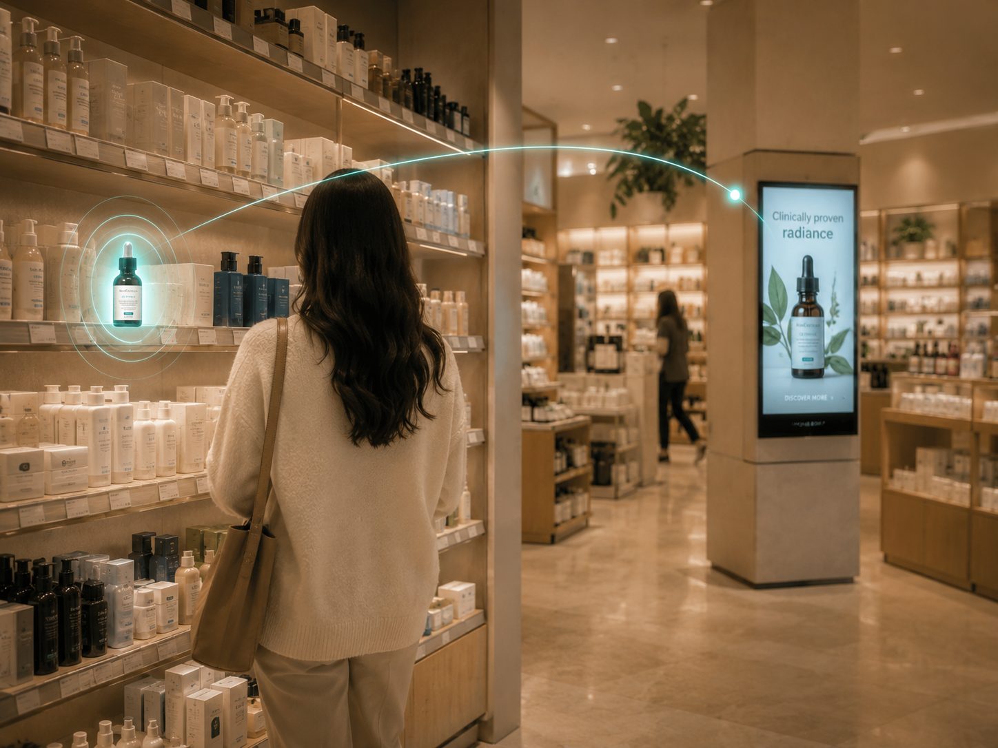 An anonymised shopper pausing at a shelf as a promoted product is gently spotlit and discovered