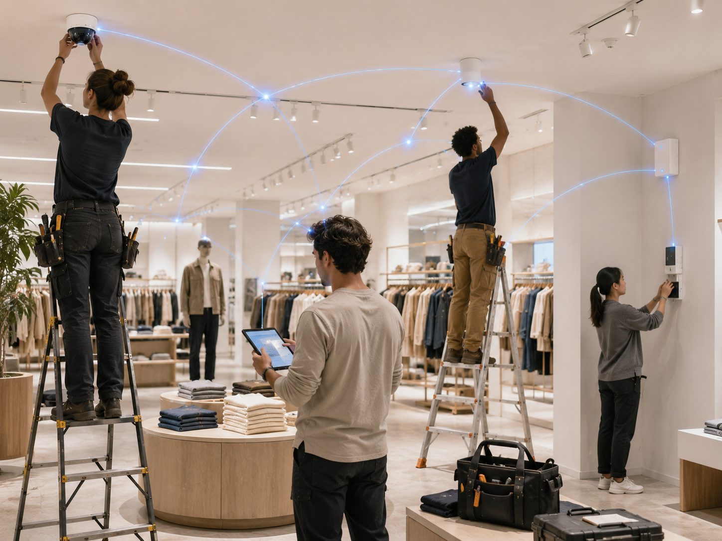 An anonymised installation and field-services team fitting hardware in a modern store, from pilot to national rollout