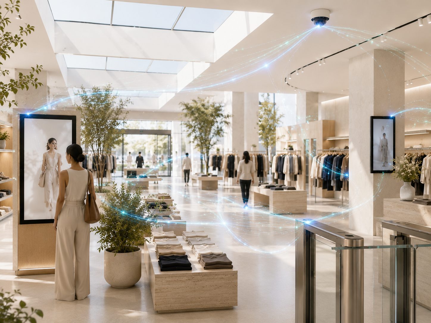 Connected retail store infrastructure — cameras, digital displays and entrance gates unified into one intelligence layer