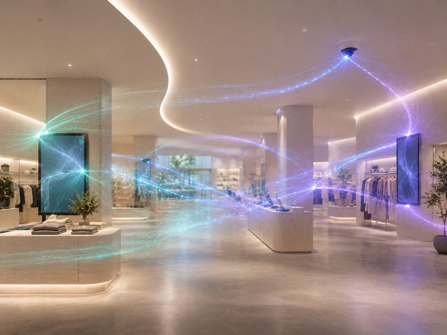 Retail data signal flows moving through a modern store as streams of light