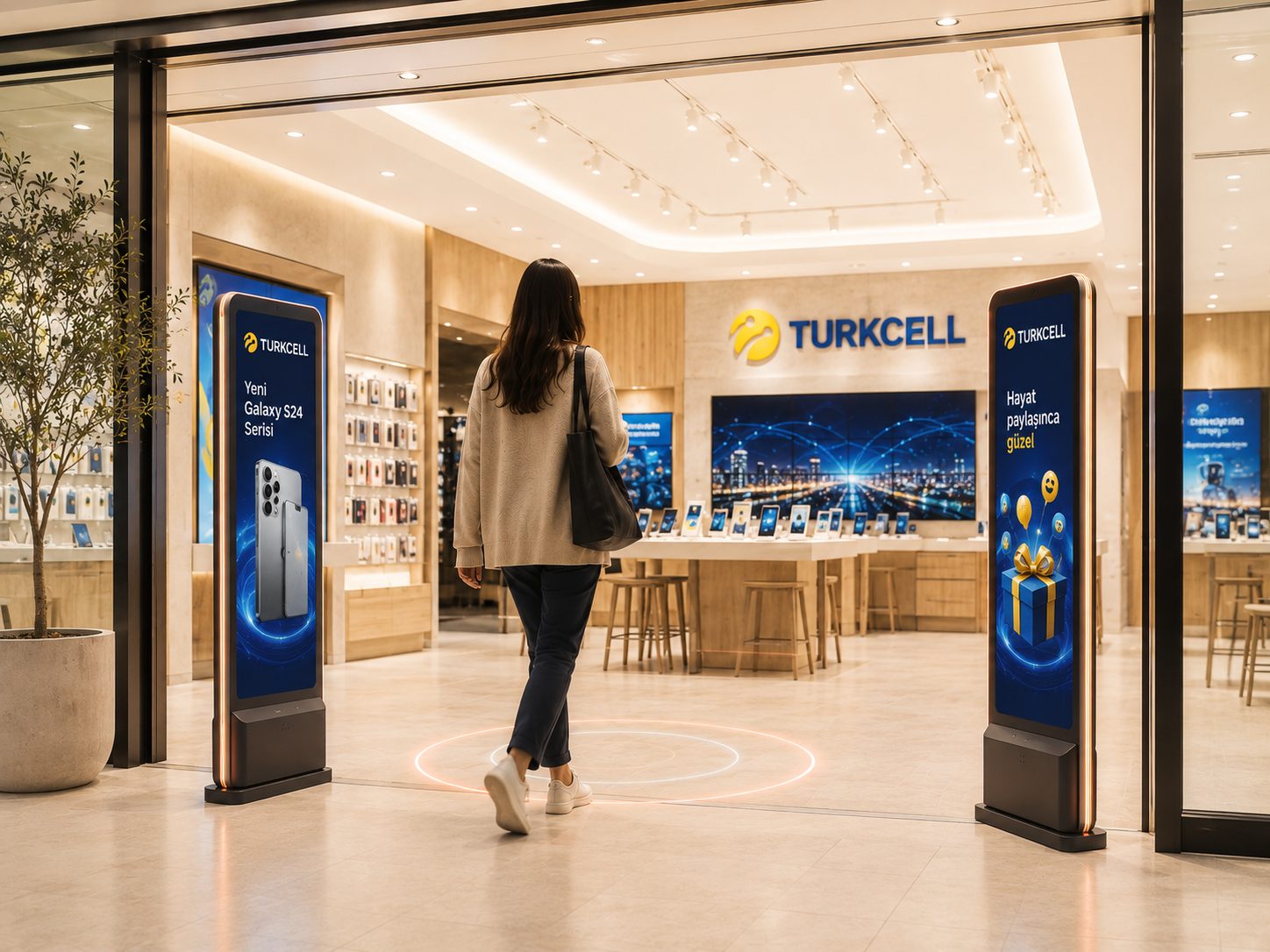 Existing EAS security pedestals at a modern store entrance made intelligent, a soft ripple crossing the threshold