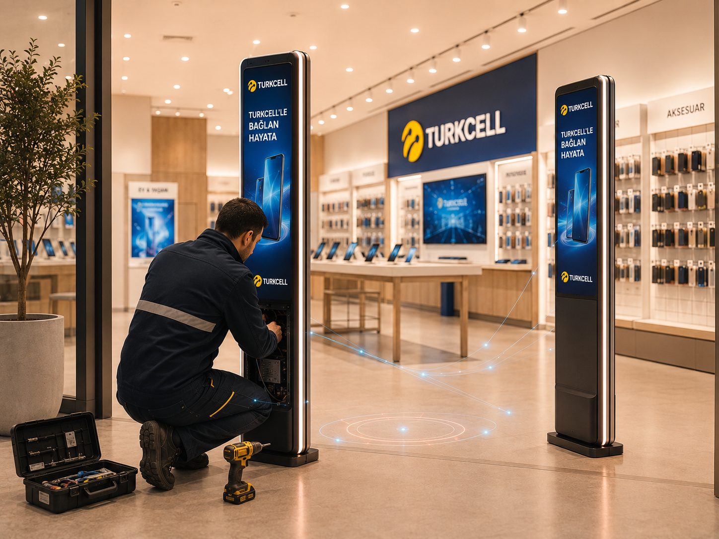 An anonymised field engineer commissioning entrance hardware in a bright modern store — partner-installed, Bon-orchestrated